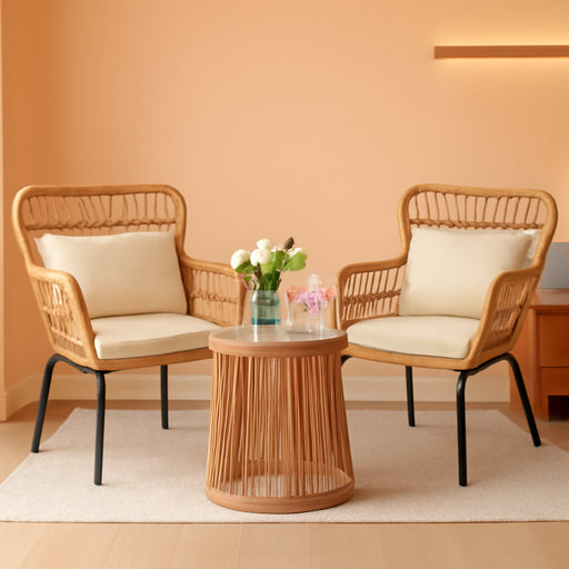 3 Pieces Outdoor Wicker Bistro Patio Furniture Set, Porch Furniture Rattan Conversation Sets with Side Table and Cushions for Garden Poolside Backyard, Yellow/Beige