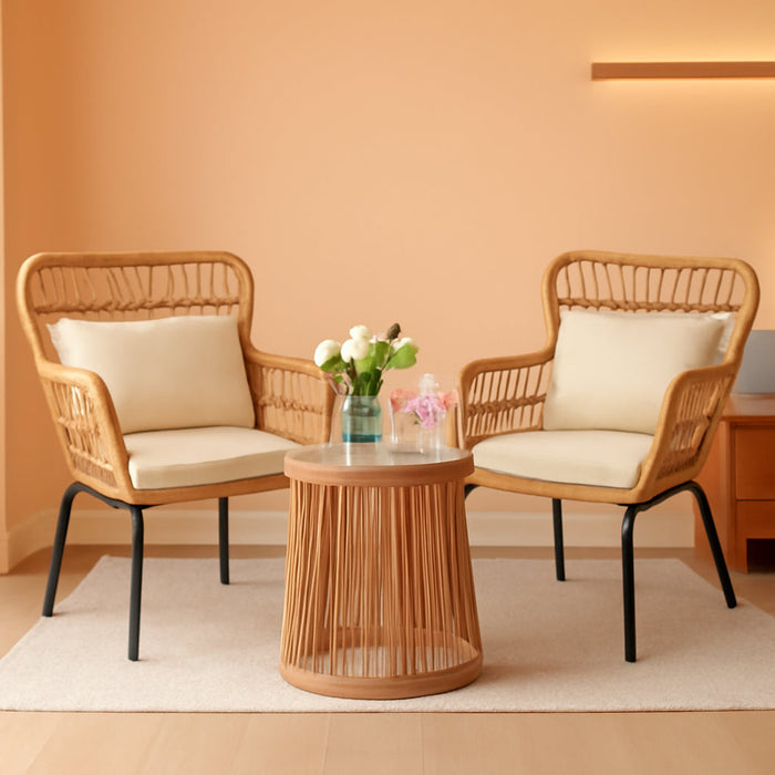 3 Pieces Outdoor Wicker Bistro Patio Furniture Set, Porch Furniture Rattan Conversation Sets with Side Table and Cushions for Garden Poolside Backyard, Yellow/Beige