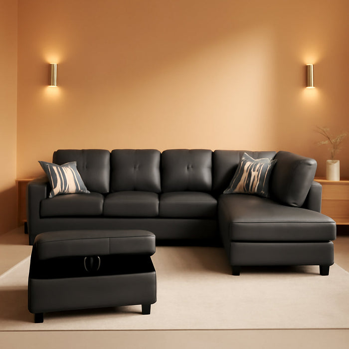 L-Shaped 3-Piece Semi PU Synthetic Leather Sofa with Storage Ottoman Set, Sectional Couch Sofa Set for Living Room, Office, Small Space, Dark Grey