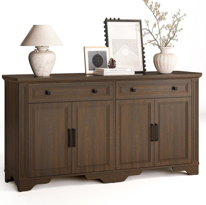 63" Sideboard Buffet Cabinet, Kitchen Buffet Storage Cabinet, Large Credenza with Drawers & Doors, Wood Coffee Bar Console Wine Bar for Living Room Hallway Brown