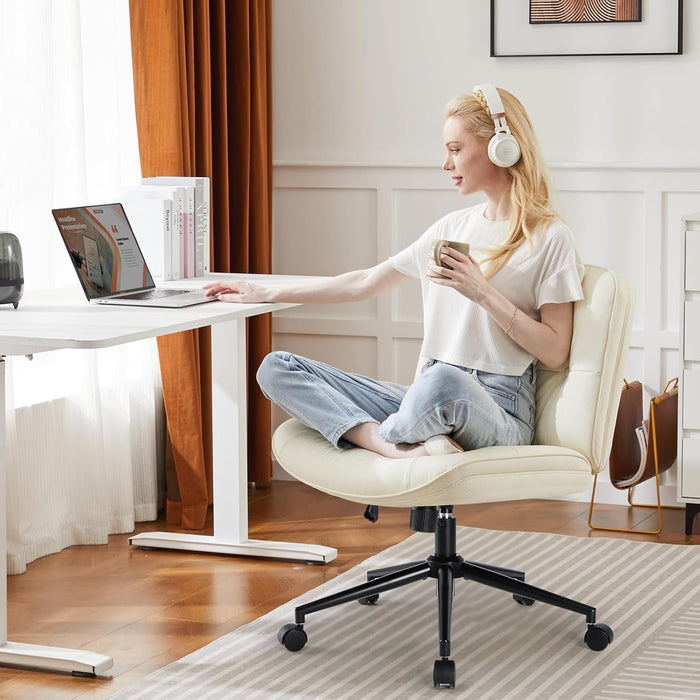 Criss Cross Chair with Wheels, Legged Office Armless Wide Seat, Adjustable Swivel Leather Task Vanity Home Office Desk Seating for Bedroom Dorm Student