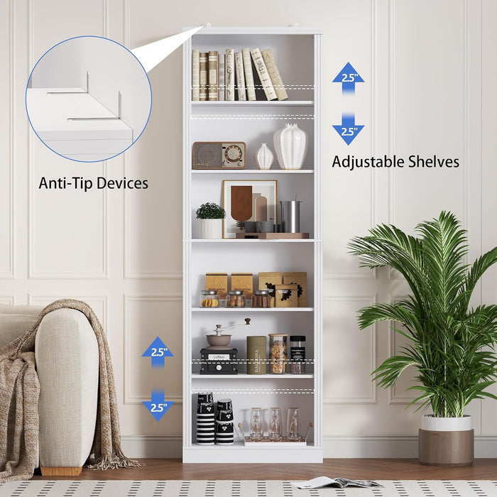 74" Tall Bookshelf, 6-Tier Floor Standing Bookcase with 2 Adjustable Shelves, 24" Wide Open Storage Shelf, Modern Display Organizer for Home Office, Living Room, Bedroom, Study