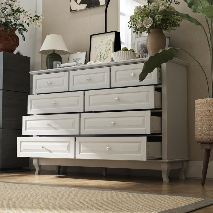 9 Drawer Dresser for Bedroom, White Dresser with Rubberwood Legs