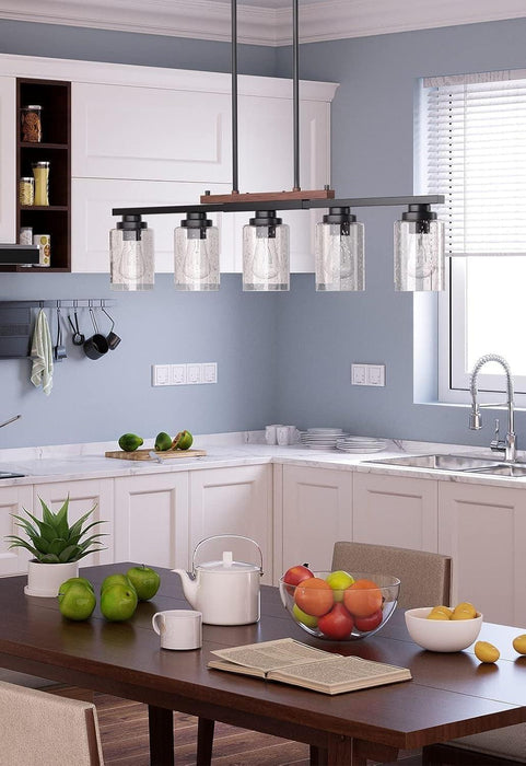 Dining Room Light Fixture 5-Light Kitchen Island Lighting with Adjustable Rods, Farmhouse Decor Black Metal & Wood Chandelier with Seeded Glass Shade, Island Lights for Kitchen