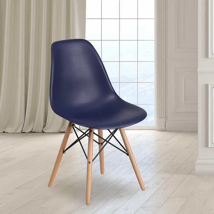 Elon Series Navy Plastic Chair with Wooden Legs for Versatile Kitchen, Dining Room, Living Room, Library or Desk Use