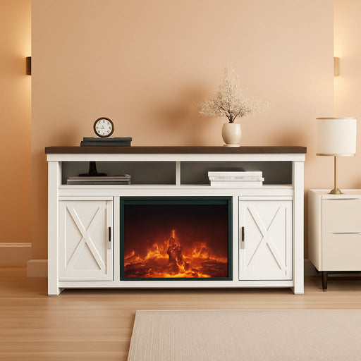 58" Farmhouse Fireplace TV Stand for Tvs up to 65", 23" Electric Fireplace Heater with Sound, Entertainment Center Media Console Table Barn Door Storage Cabinets for Living Room - White