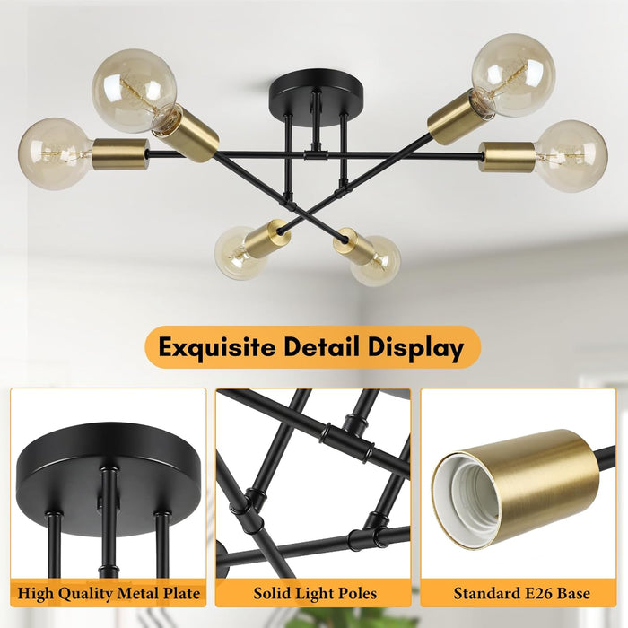 Modern Sputnik Chandelier, 6-Light Farmhouse Semi Flush Mount Ceiling Light Fixtures, Industrial Chandeliers for Dining Room Kitchen Bedroom Living Room Hall Foyer Entryway (Black and Gold) - E26 Base