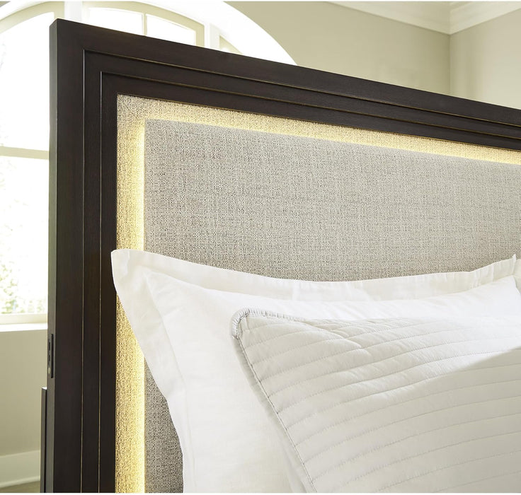 Neymorton Contemporary Stain Resistant Upholstered Panel Headboard with LED Lighting and USB Ports, King/California King, Light Gray & Dark Brown