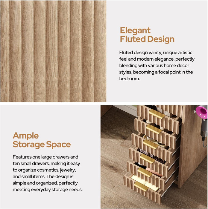 15 Drawers Fluted Vanity Desk with Glass Top, 47" Makeup Vanity with Large Mirror and 12 LED Lights, Dressing Table with Power Outlet for Bedroom, Natural