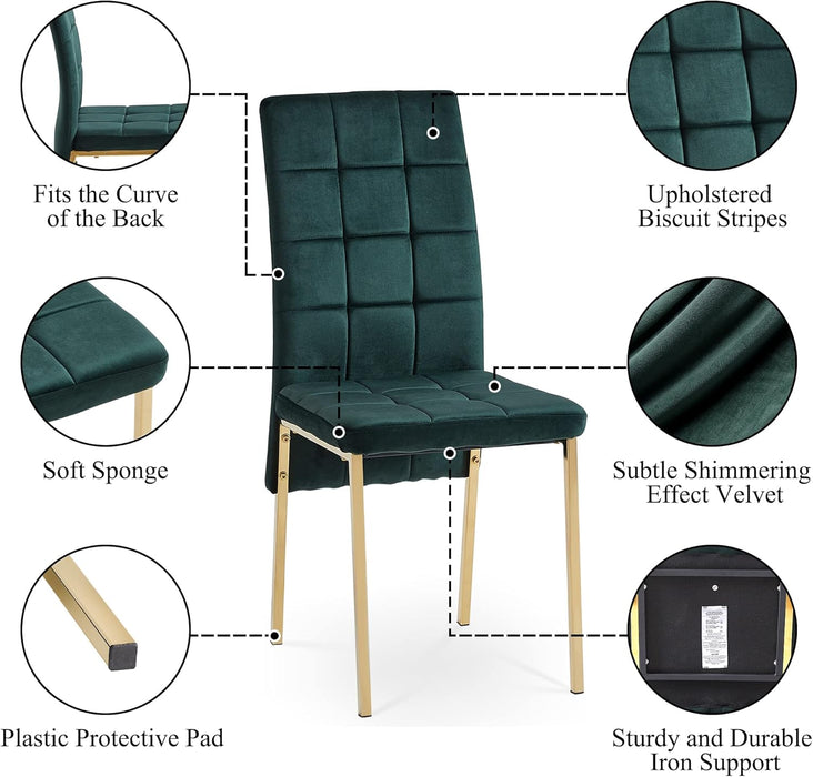 Upholstered Velvet Dining Chairs Classic Kitchen High Back Chairs Set of 4, Featured Dovetail Tufted Side Chairs, Golden Color Metal Legs, Forest Green