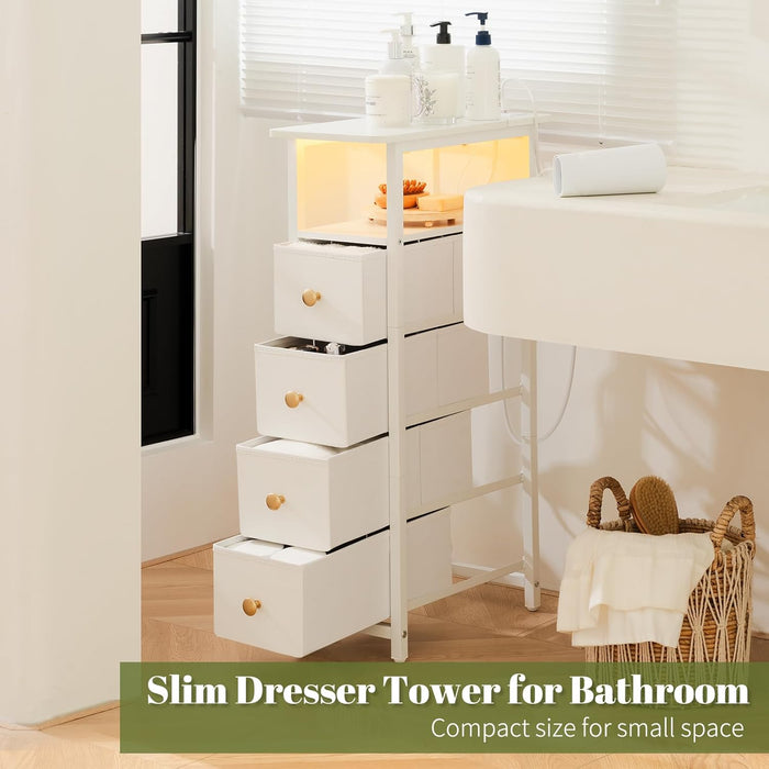 LED Narrow Nightstand with Charging Station - Slim Dresser for Bedroom Narrow Side Table Storage Cabinet, Small Dressers Chest of Drawers, Tall Night Stand End Table for Small Spaces, White