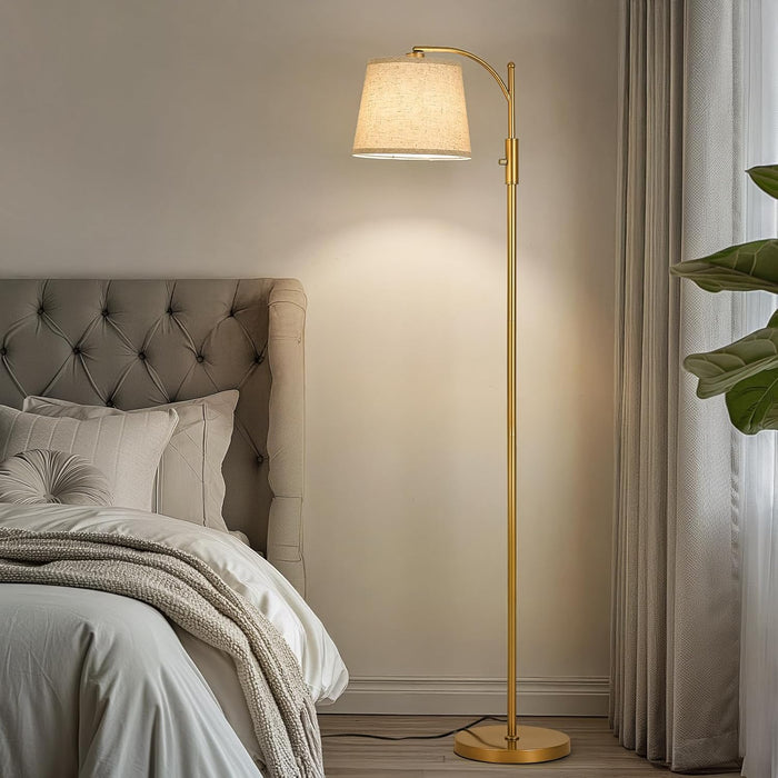 Fully Dimmable Floor Lamp for Living Room，Standing Lamp Rotary Switch with Linen Beige Shade，Golden Tall Lamps for Bedroom with Adjust Head，9W LED Bulb Included