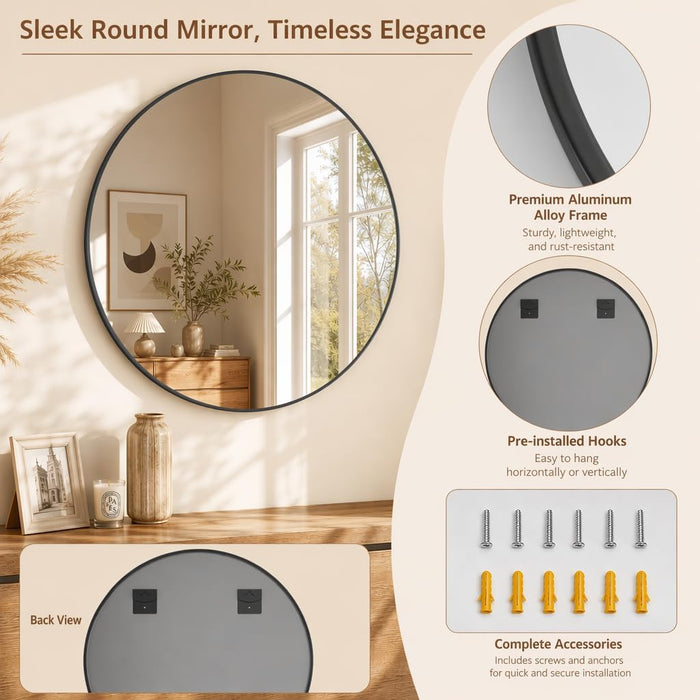 40 Inch round Mirror, Black Metal Frame Wall Mirror for Bathroom