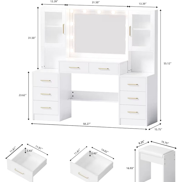 58.3" Large Desk Mirror &; ,Makeup Vanity with 10 LED Lights,8 Metal Sliding Drawers & 2 Cabinets,White