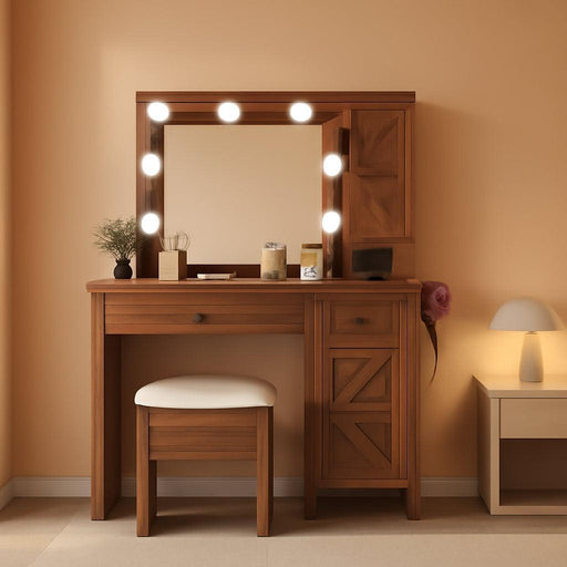 Farmhouse Vanity Makeup Desk with Charging Station, Large Vanity Desk with Lights Mirror and Drawers for Makeup, Modern Vanity Table Set with Stool for Bedroom, Rustic Brown