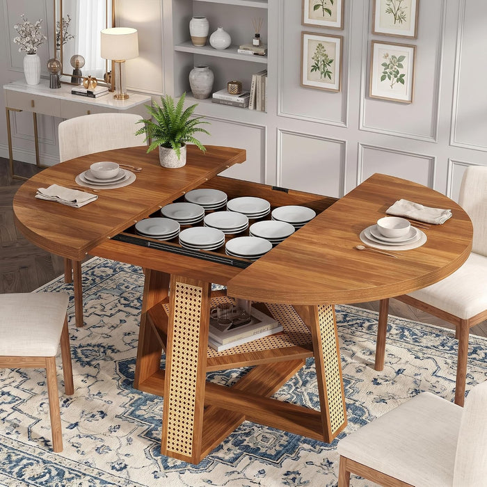 43"-59" Extendable round Dining Table for 4-8, Cross Leg | Modern Kitchen Oval Dining Table with Removable Leaves, Wood Base with Storage Shelf for Kitchen Living Room, Walnut