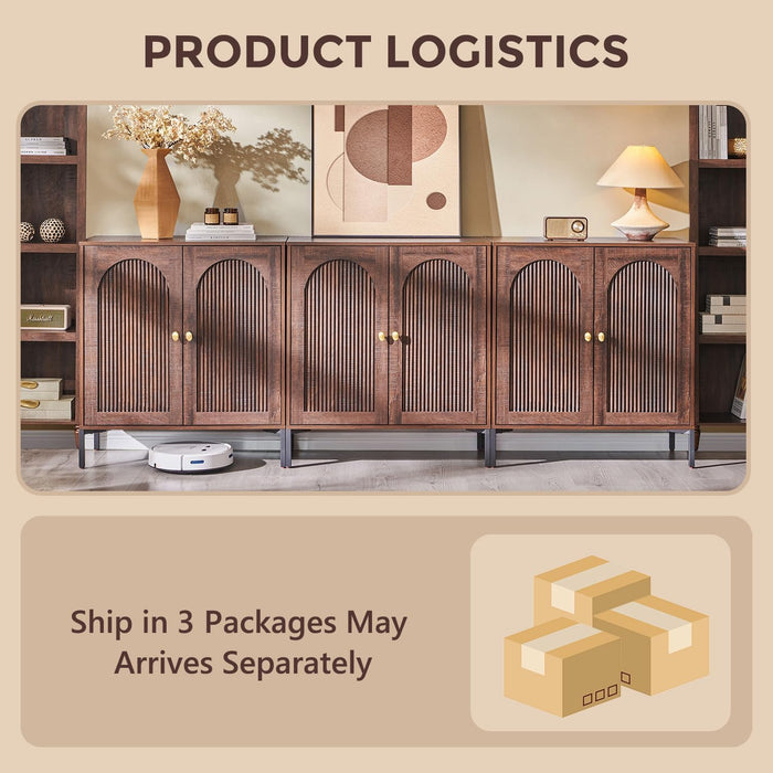 92.63" W Modern Arched Sideboard Buffet Cabinet with Storage, Brown | Fluted Arch Sideboard Cabinet W/Adjustable Shelves, Wooden Modular Kitchen Cabinet for Dining& Living Room, Entryway