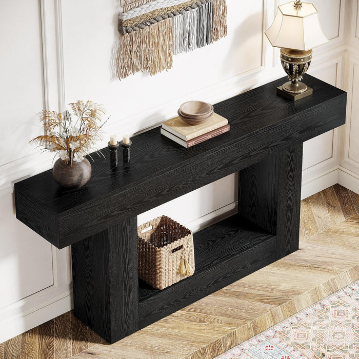 63" Console Table, Farmhouse 2-Tier Entryway Table with U-Shaped Base, Narrow Long Wood Sofa Table behind Couch Table for Living Room, Hallway, Foyer, Black
