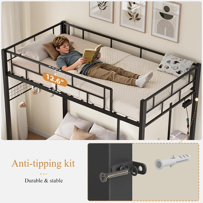 VintageBrown Twin Over Twin Loft BunkBed DeskCharging