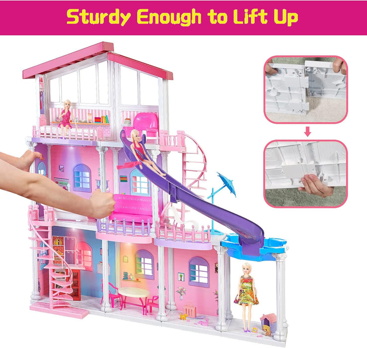 2024 Dream Doll House, 47'' ABS Plastic Large Dollhouse, Playhouse with 15+Furniture, Pool, Slide, W/Lights&Music, Princess Play House Toys Gifts for Girls Kids Ages 3 to 12 Year Olds