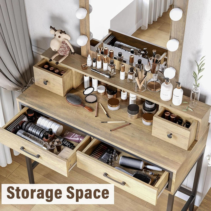 Vanity Desk with Mirror and Lights, Makeup Vanity with 3 Color Dimmable Lighted Hollywood Mirror, Brown Makeup Table with 4 Drawers, Large Dressing Table for Women Girls