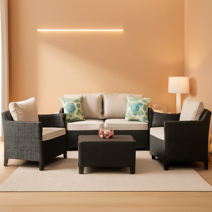 Patio Furniture Set - Outdoor Patio Furniture Sets, Patio Sectional Furniture Set, 5 Piece Patio Furniture Sets, Patio Conversation Sets, Black Wicker Patio Furniture with off White Cushions