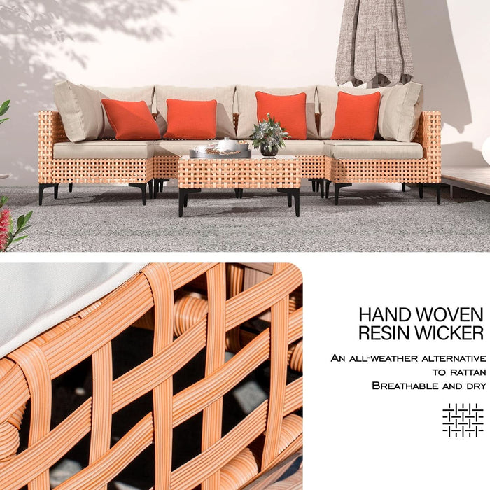 5 Piece Outdoor Patio Furniture Set Modular Outdoor Furniture Set Wicker Outdoor Sectional Sofa with Cushions and Table Patio Set for Balcony Porch Deck Yard ( (Salmon&Orange Wicker, Sand Cushion))