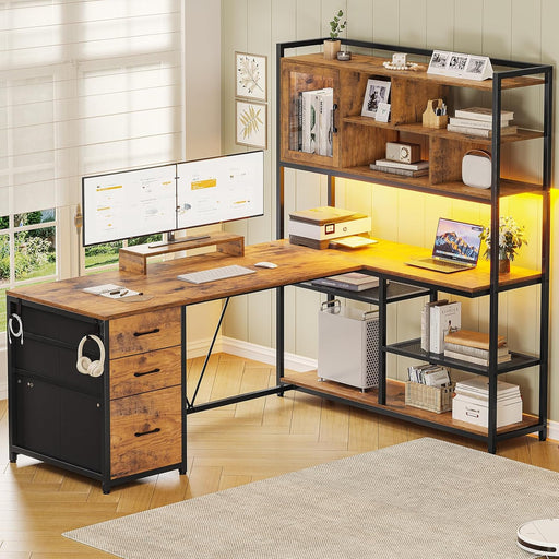 L Shaped Computer Desk, 58'' Office Desk with 3 Drawers and Bookshelf, L Shaped Corner Desk with Storage Shelves and LED Light for Home Office, Gaming Desk, L Desk, Rustic Brown