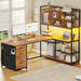 L Shaped Computer Desk, 58'' Office Desk with 3 Drawers and Bookshelf, L Shaped Corner Desk with Storage Shelves and LED Light for Home Office, Gaming Desk, L Desk, Rustic Brown