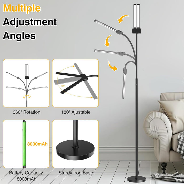 Rechargeable Floor Lamp Cordless with 8000Mah Battery, 15W Dual Head Adjustable Gooseneck LED Reading Lamp, Battery Operated Cordless Floor Lamp for Home, IP54 Rated