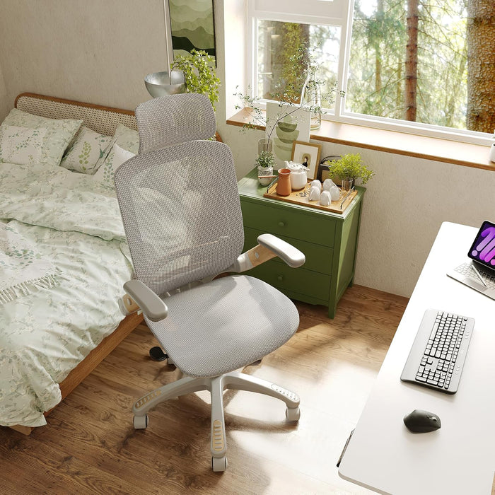 Ergonomic Office Chair, High Back Home Desk Chair with Flip-Up Arms, Headrest, 90-120° Tilt and Wide Cushion, 400LBS White Mesh Chair for Work Gaming Study (GY01-NT, Woodgrain Pattern)