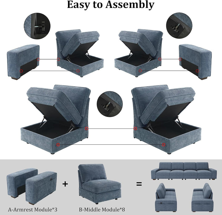 Blue U Shape Sectional Sofa for Living Room/Office 8 Seater Sofa Sets with Large Storage Space Comfy Chenille Cover (4-Seat Modular Sofa & 2×Loveseat Couch)