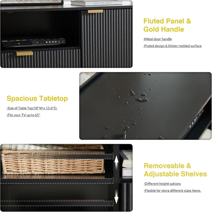 Black TV Stand for 65 Inch TV, TV Consoles for Living Room, TV Stand for Bedroom W/Drawer and Storage, Wood Fluted Panel Media Console, Entertainment Center W/Soft Hinge & Cable Management