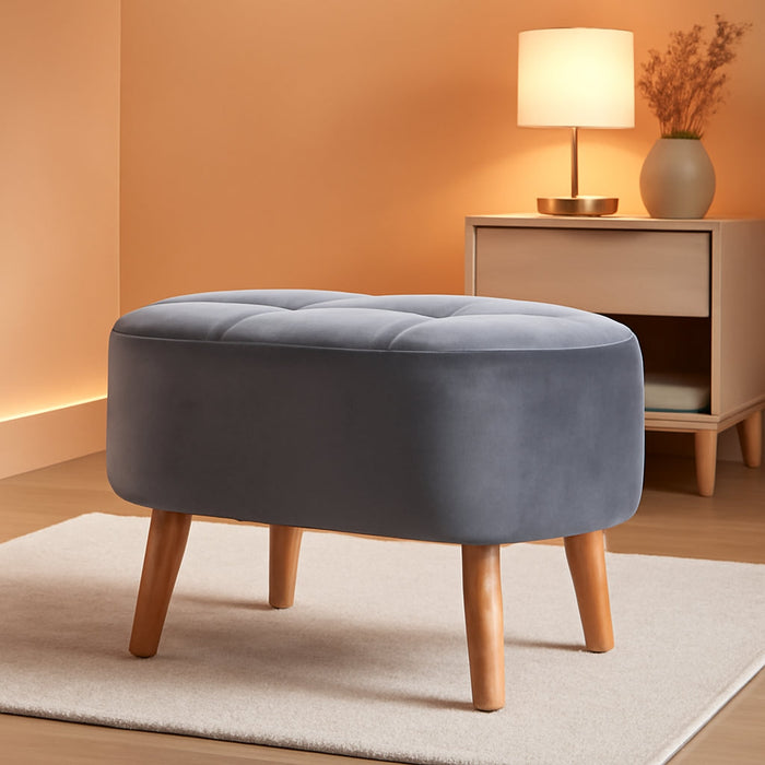 Simone Mid-Century Modern Grey Velvet Fabric Upholstered Wood Ottoman