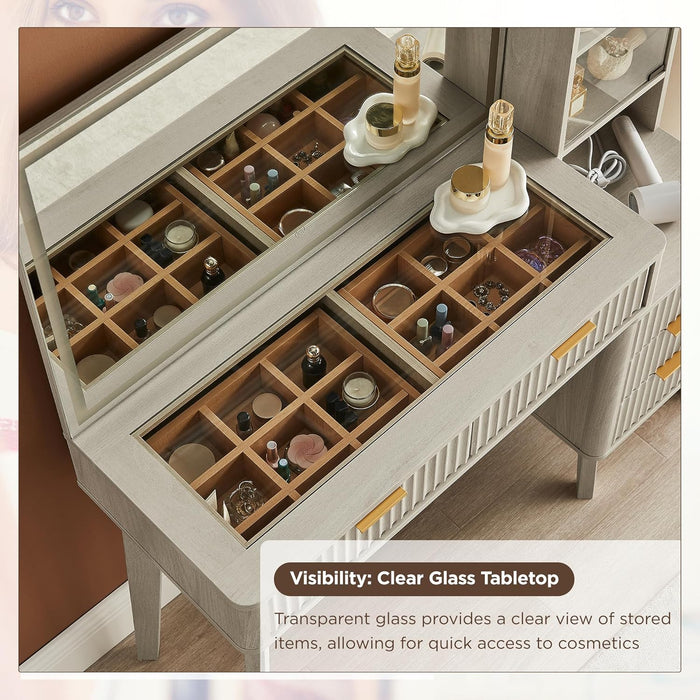 48" Fluted Makeup Vanity Desk with Large 36" Mirror and Lights, Modern Glass Top Big Vanity Table W/5 Drawers & Adjustable Shelves, Dressing Table W/Charging Station for Bedroom, White Alder