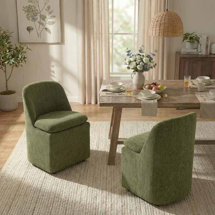 Upholstered Dining Chairs with Casters, Washable Cover Modern Dining Room Chairs with Thick Cushion & Sturdy Metal Frame for Kitchen, Living Room, Dressing Room, Green Fabric, 4PCS