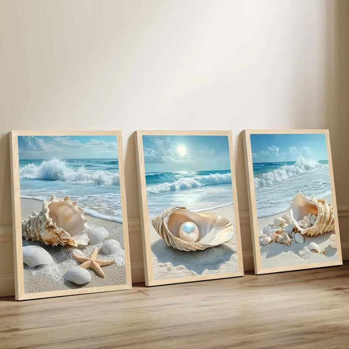Triptych Coastal Shell Pearl Framed Canvas Wall Art 20X30 Inch X3 | Wooden Frame, Uv-Resistant Ink, Giclée Printing Process, Pre-Installed Hooks Make It Easy to Hang Home or Office Wall Decor