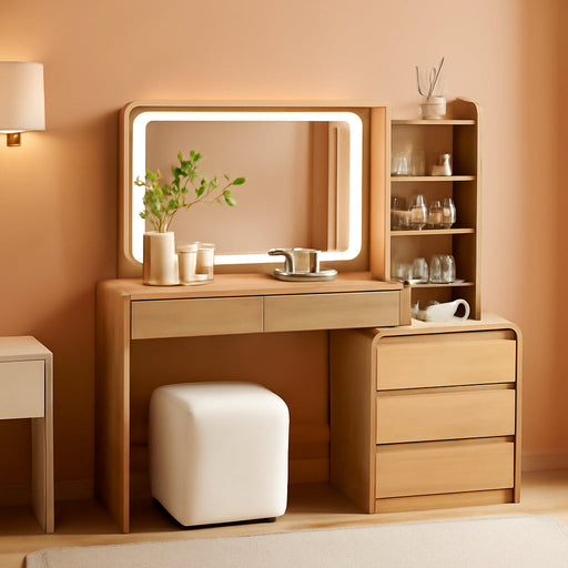 Vanity Desk with Mirror and Lights, 50” Modren Makeup Vanity with 35.43" Mirror and 5 Drawers, Makeup Table with Charging Station for Women and Girls, Bedroom (Natural)