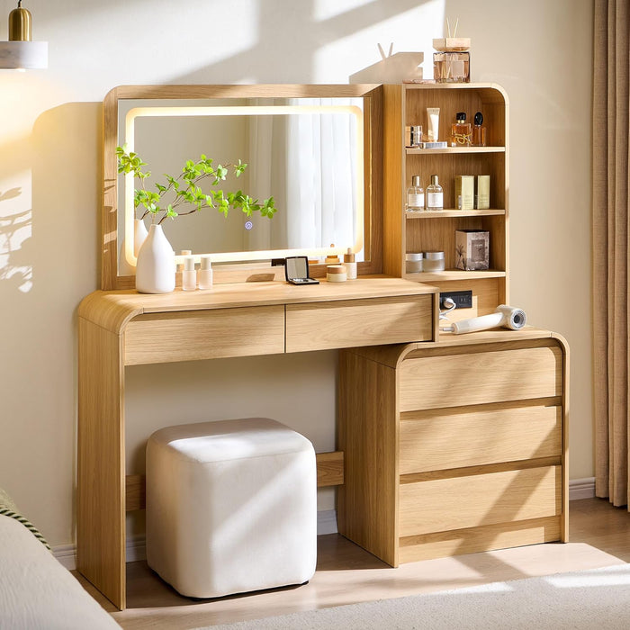 Vanity Desk with Mirror and Lights, 50” Modren Makeup Vanity with 35.43" Mirror and 5 Drawers, Makeup Table with Charging Station for Women and Girls, Bedroom (Natural)