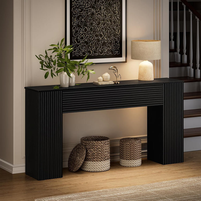 61'' Fluted Long Console Table, Wooden Rectangular Sofa Table behind the Couch, Narrow Entryway Table with 2 Hidden Storage Cabinets for Entrance, Hallway, Living Room, Foyer, Black