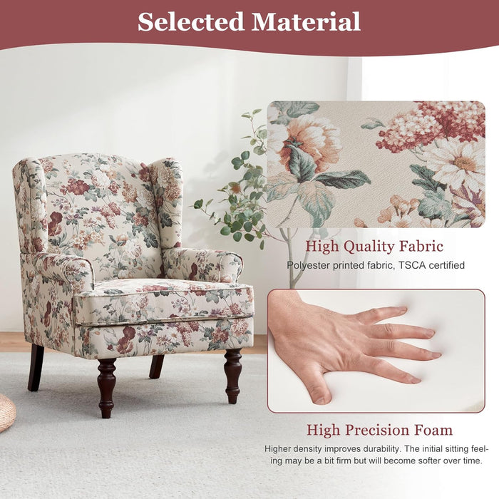Red Floral Wingback Accent Chair Linen Upholstered