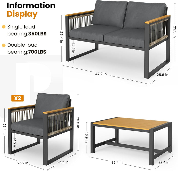 4 Pieces Outdoor Patio Furniture Set with Wicker Handrails, Plastic-Wood Balcony Furniture with Wicker Arm Panel, All-Weather Metal Outdoor Furniture Set with Cushion and Coffee Table