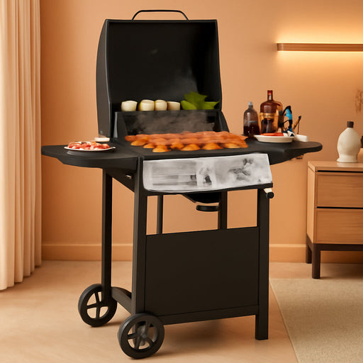 2-Burner Propane Gas Grill with Side Tables-20,000 BTU Stainless Steel Outdoor BBQ Grill,325 Sq.In. Portable with Side Storage Shelves and Wheels for Patio, Campingfor Patio & Camping,Black