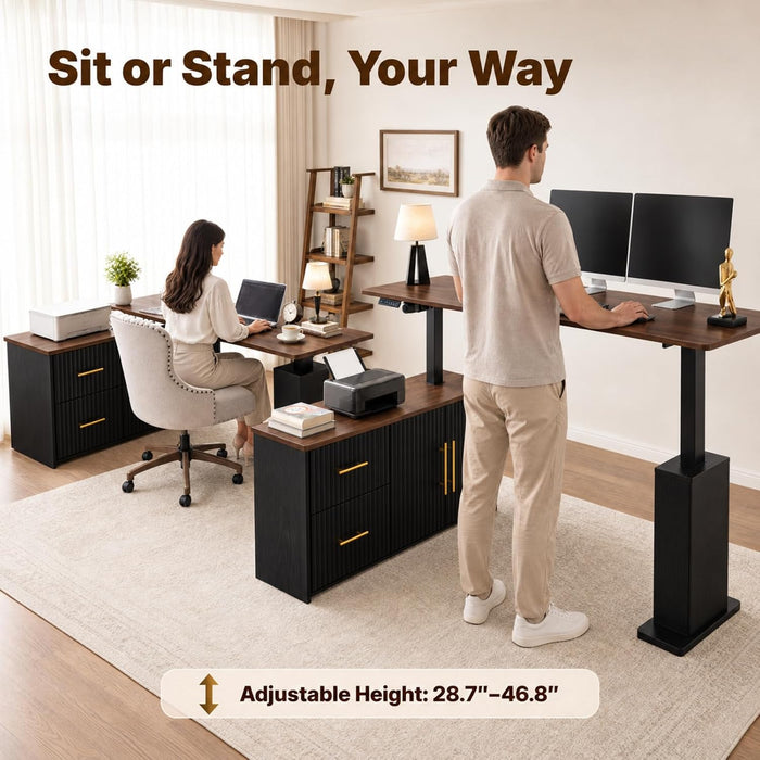 55" L-Shaped Electric Standing Desk with Drawers and Storage Cabinet, Height Adjustable Corner Desk for Home Office, 3 Memory Presets