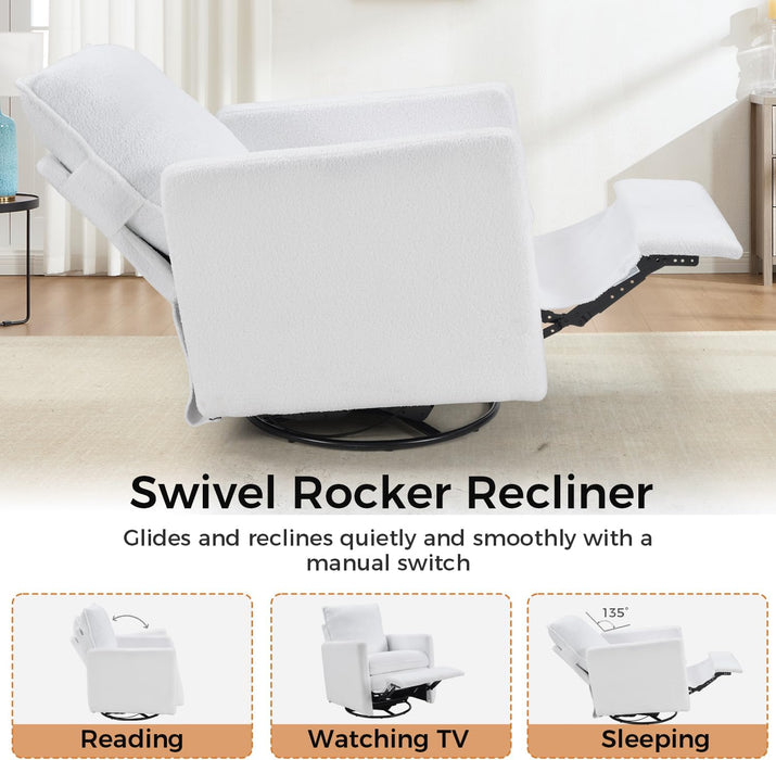 Swivel Rocker Recliner Chair, Teddy Upholstered Nursery Glider Chair, Manual Reclining Chair with Two Removable Pillows for Living Room (White)