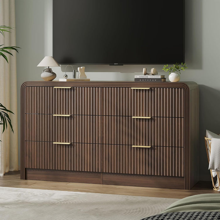 55" W Fluted 6-Drawer Dresser for Bedroom, Walnut