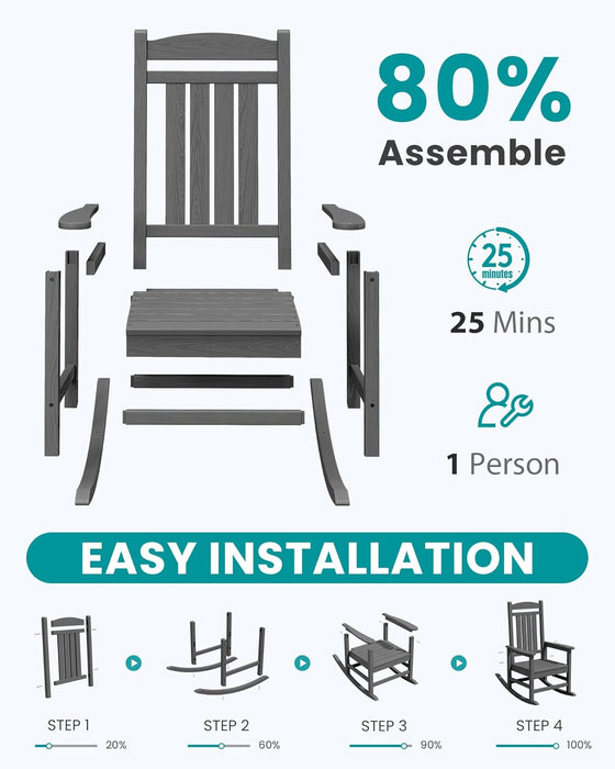 Outdoor Rocking Chair Set of 2, Oversized Patio Rocking Chair, Gray
