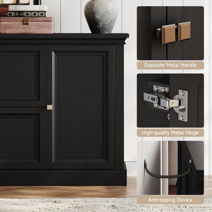63" Large Buffet Cabinet with Storage, Farmhouse Sideboard Cabinet with Grooved Barn Doors, Wood Rustic Kitchen Buffet Table Coffee Bar Storage Cabinet for Kitchen, Living Room (Black)