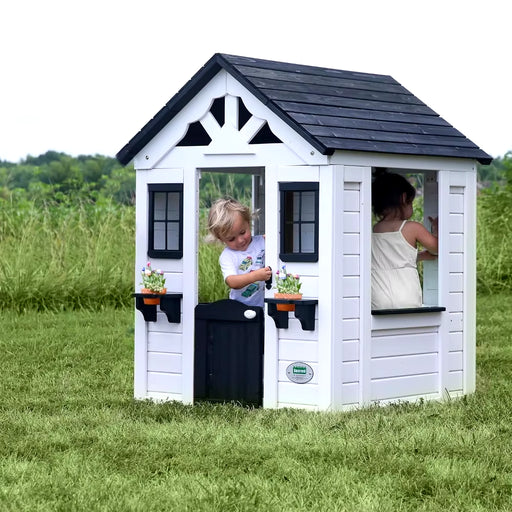 Sweetwater All Cedar White Modern Outdoor Wooden Playhouse, Cottage, Sink, Stove, Windows, Kitchen with Pot and Pans