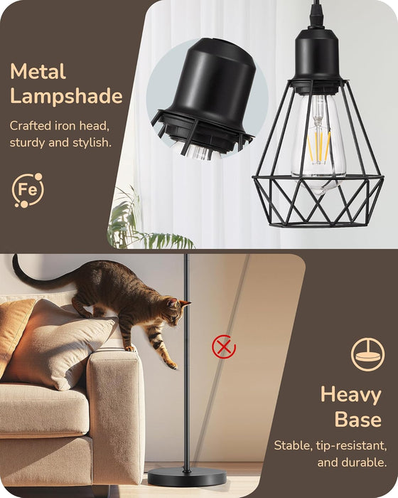 70IN Farmhouse Floor Lamps for Living Room, Dimmable Industrial Tall Standing Lamps 3 LED Edison Bulbs Included, Diamond-Shaped Cage, Rustic Tree Corner Light for Bedroom, Office, Black
